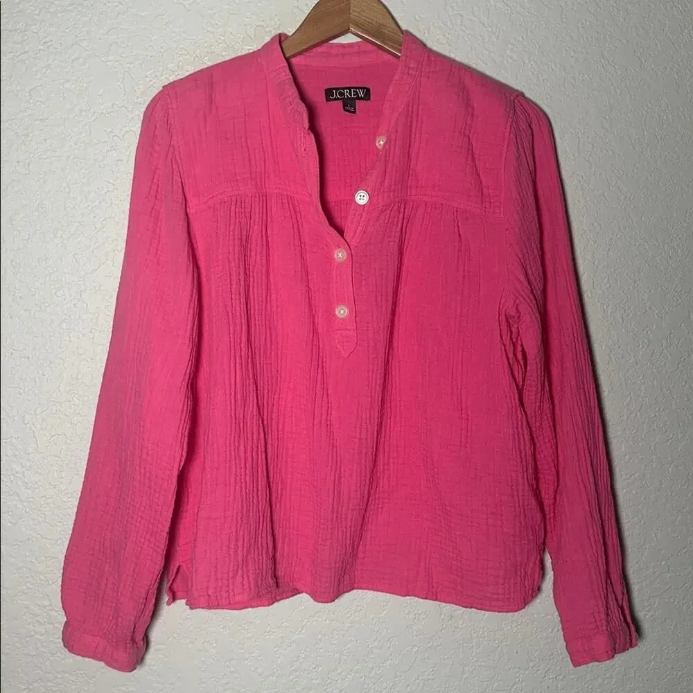 J. Crew Fresco Pink Gauzy Top Long Sleeve Preppy Casual Barbie BP555 Large